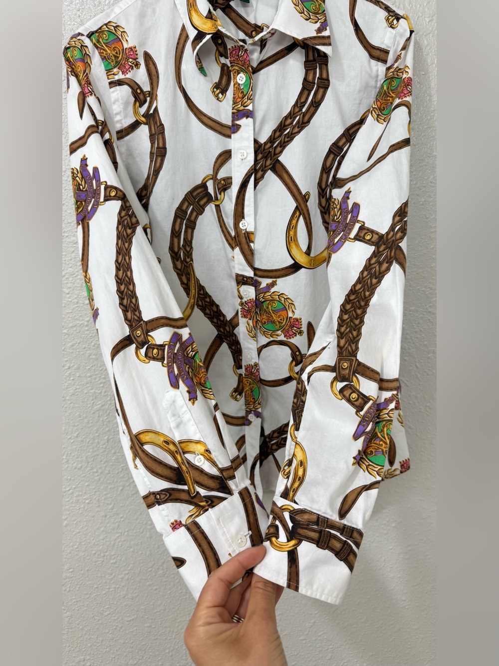 Lauren Ralph Lauren Equestrian Horsebit Belt Print Cotton Shirt M Old Money - Picture 5 of 8